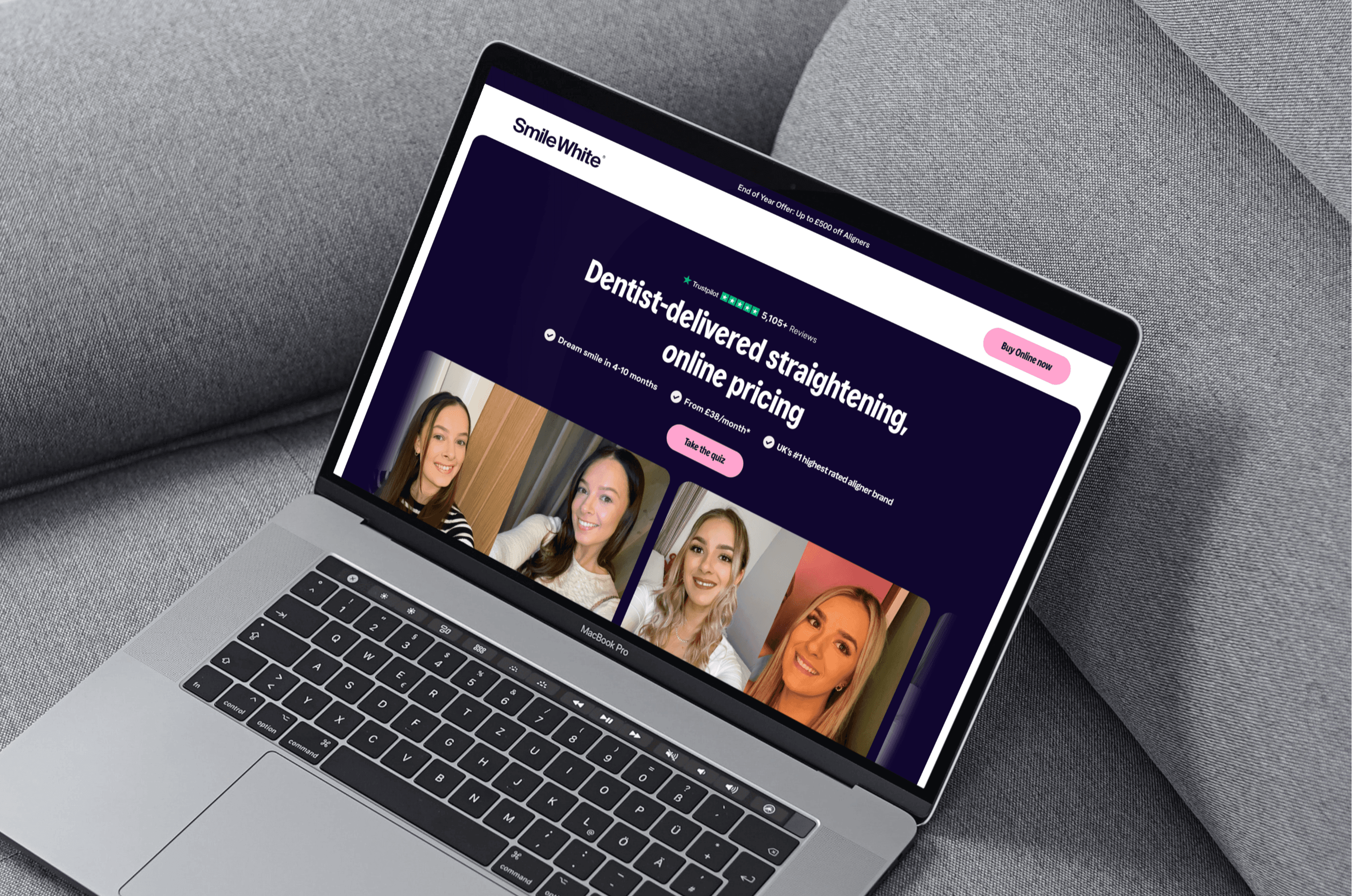 SmileWhite clear-aligner landing page shown on a laptop, with treatment explanation and consultation entry