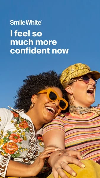 Smile White public creative about feeling more confident, with two people laughing