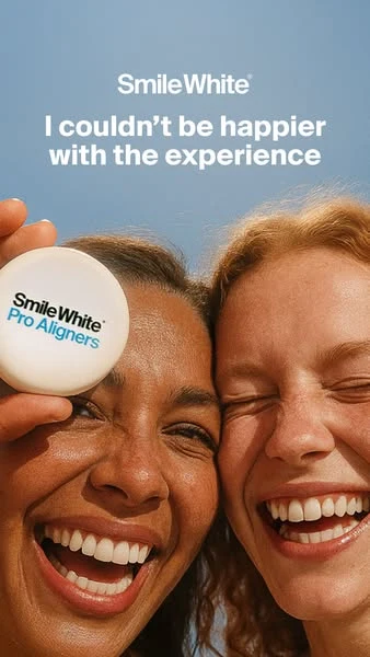 Smile White public ad showing two people smiling and a quote about their experience