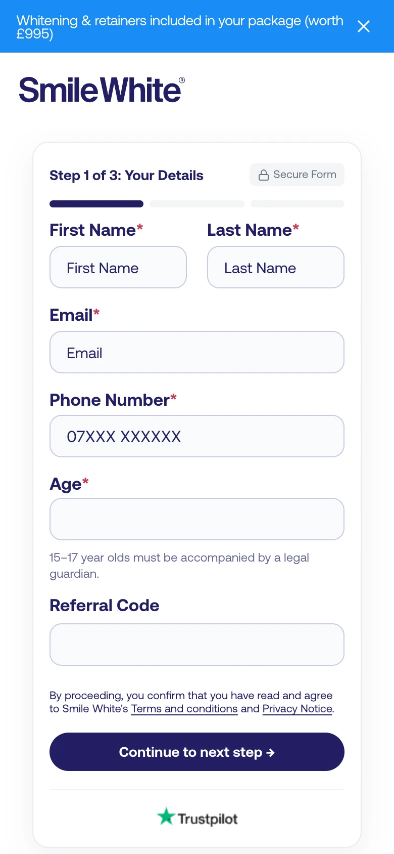 SmileWhite’s real booking form, captured from its consultation page